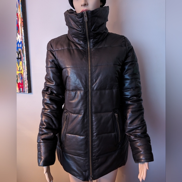 GESTUZ Genuine LEATHER Puffer Jacket. Black. Size EU36 (Medium) Unisex - Picture 2 of 9
